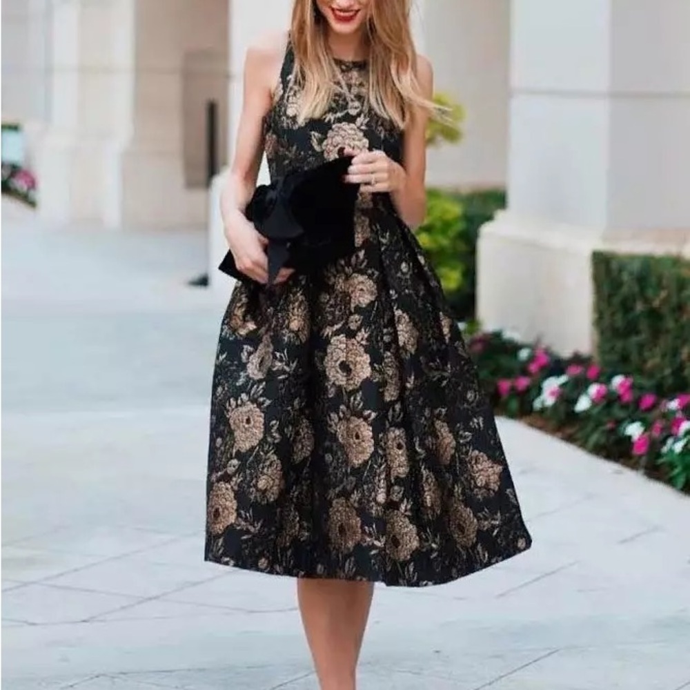 Ann Taylor Black and Gold Brocade Floral Midi Dress with Pockets